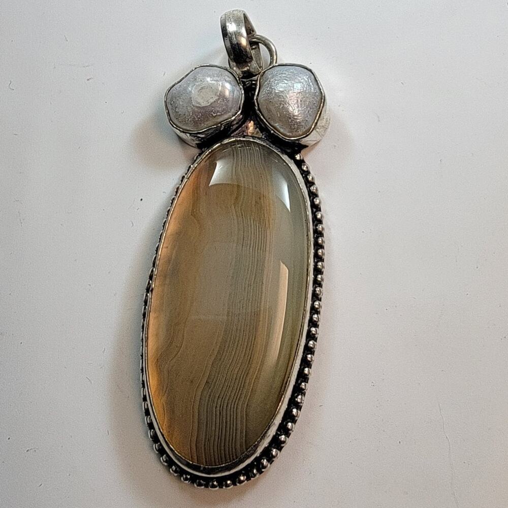Necklace Pendants Banded Agate with Pearls in Sterling Silver Handmade Jewelry